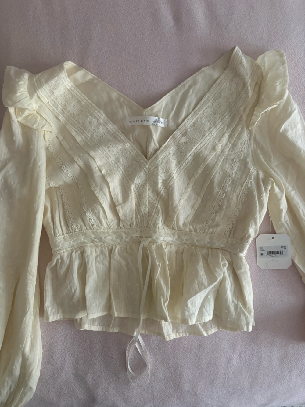 Altar'd State Cream Lace-Trim V-Neck Peplum Top